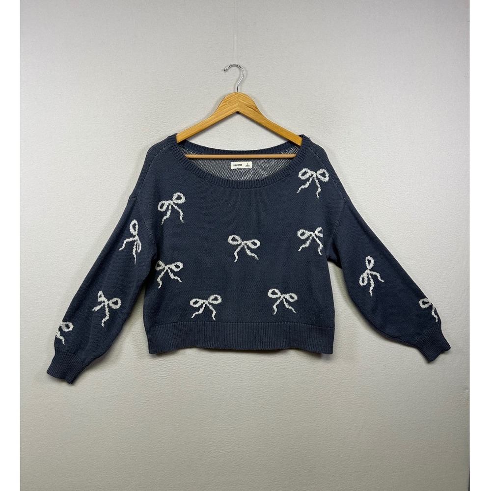 Hollister Coquette Balletcore Womens Small Blue Bow Intarsia Cropped Sweater